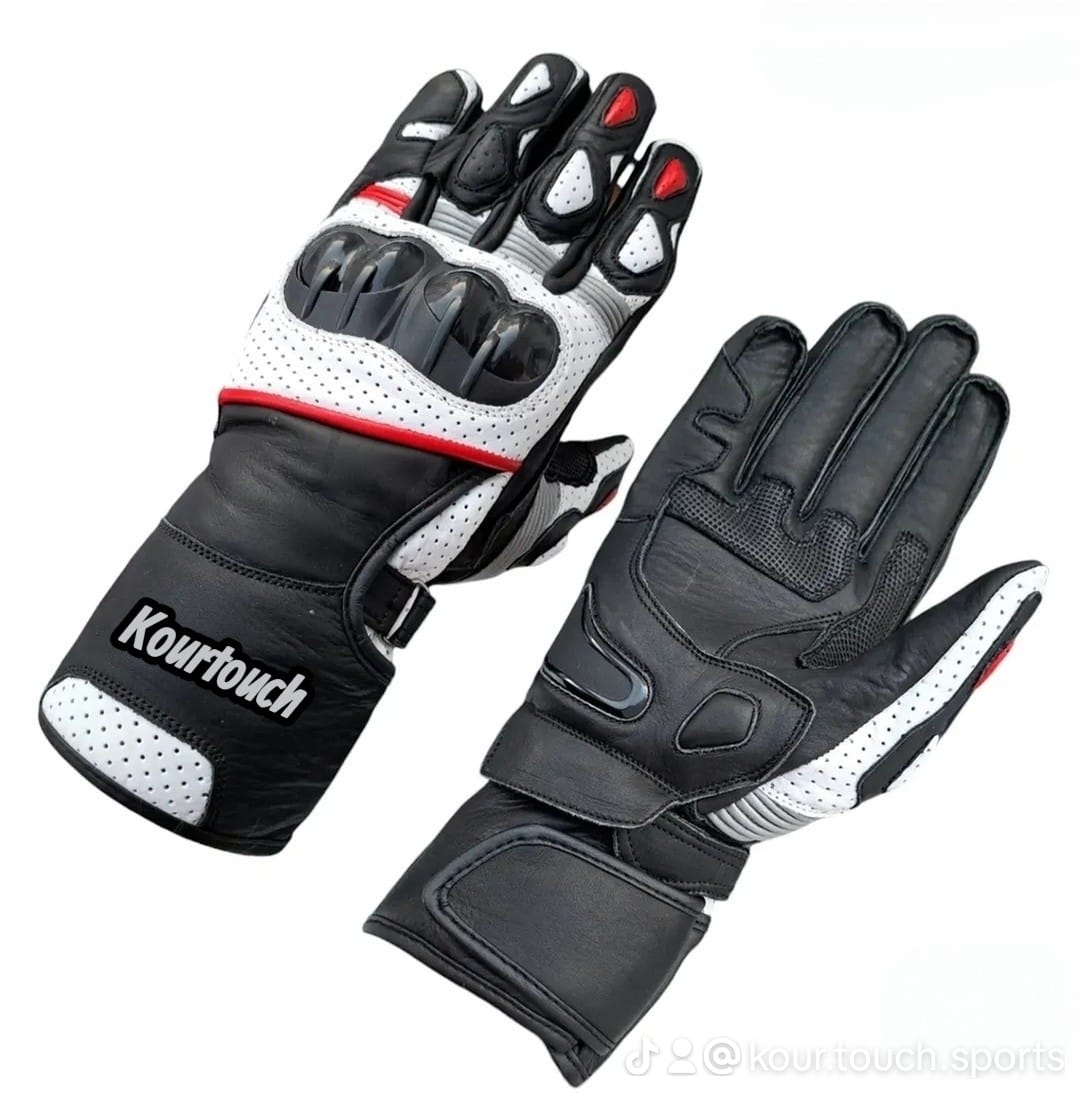White Black and Red Motorbike Gloves